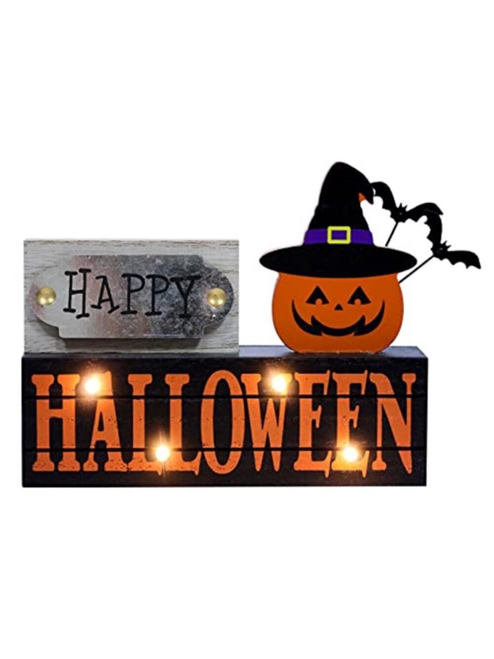 Halloween Decorations Indoor, 2-Layered Wood Block with LEDs & Pumpkin
